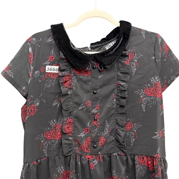 Killstar Gothic Rose Ruffle Mini Dress Velvet Peter Pan Collar Black Red - Picture 2 of 10